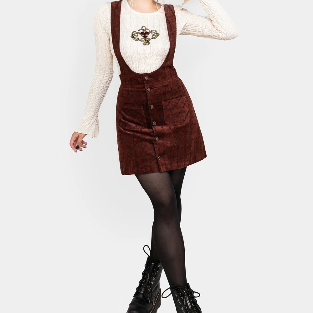 New Disturbia Terracotta Check Cord Mini Pinafore Skirt, Size 8 - New With Tags - Picture 6 of 6